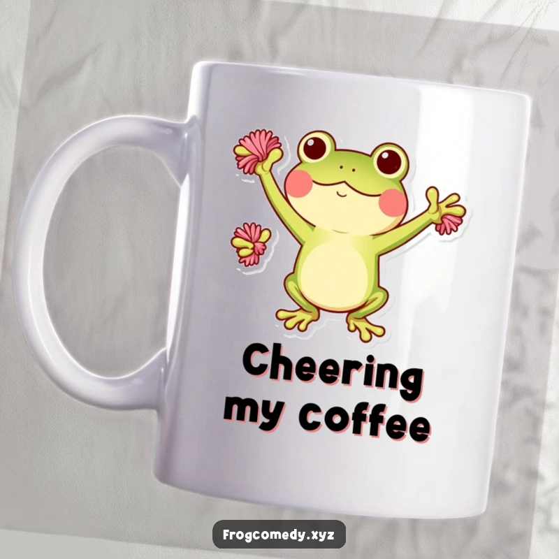 Funny Kawaii frog mug featuring a stylized frog enthusiastically cheering with tiny pom-poms, a joyful and humorous design.