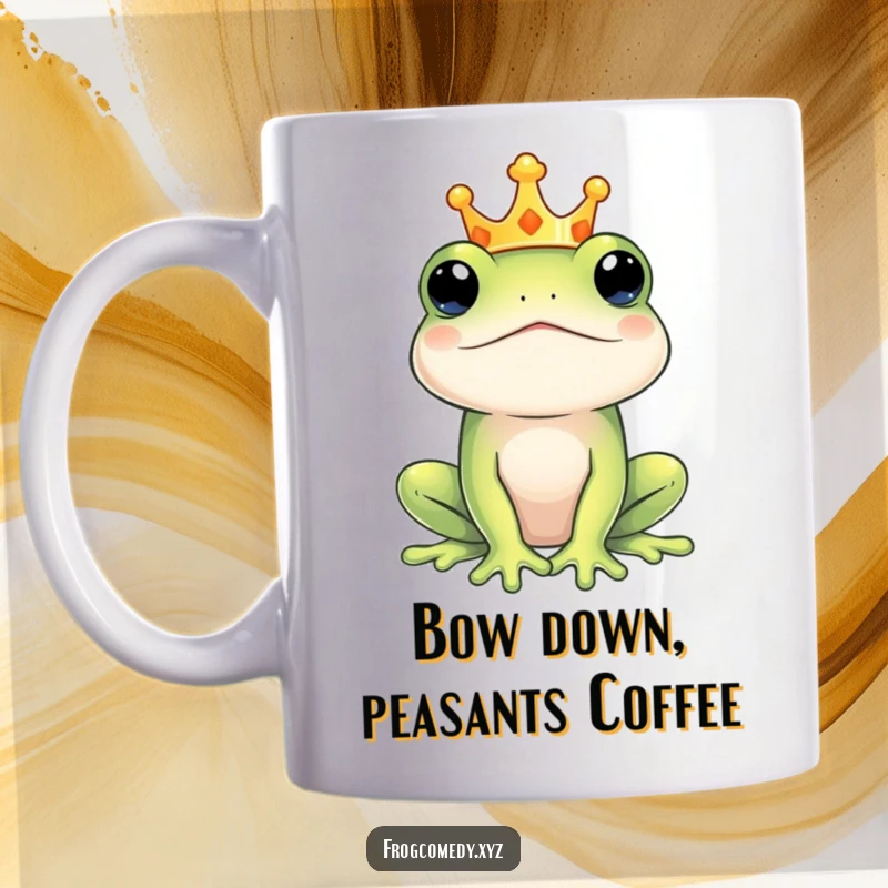 Funny regal frog king mug, depicting an amphibian wearing a tiny crown with a dignified expression, fit for royalty and humor lovers.