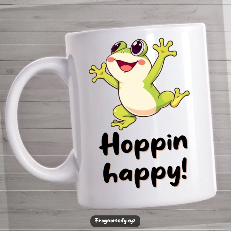 Funny Kawaii frog mug showing a stylized character joyfully leaping high into the air with excitement and a happy expression, full of vibrant energy.