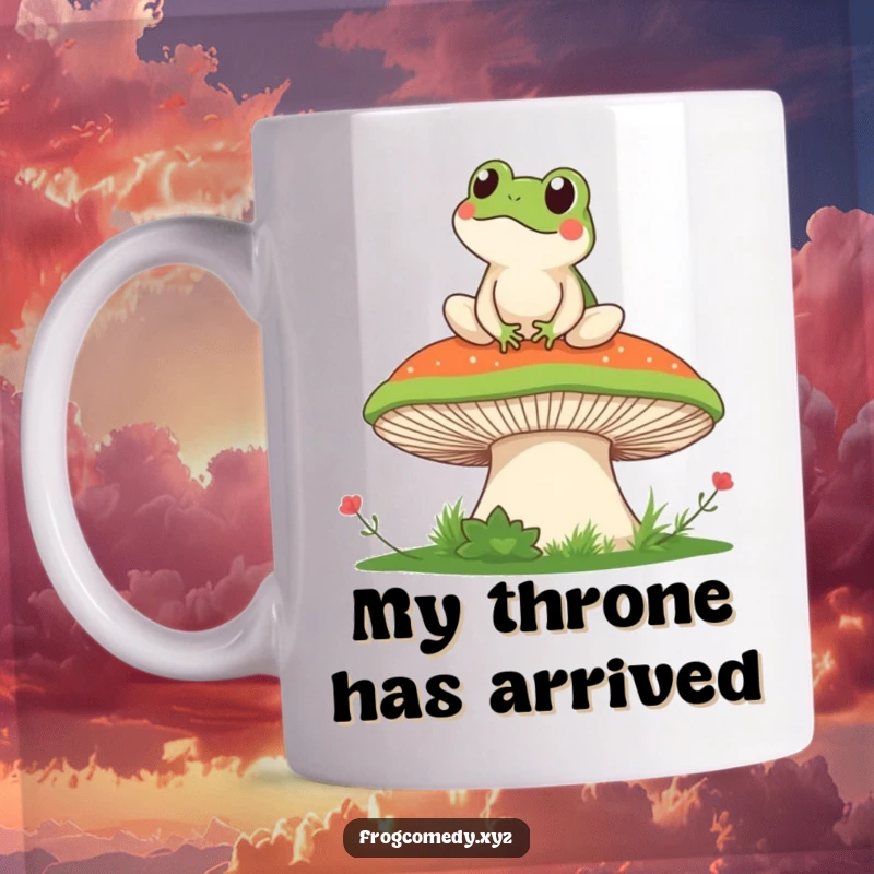 Funny mug featuring a cute kawaii frog sitting peacefully on a giant mushroom, enjoying a serene, scenic view with a happy expression.