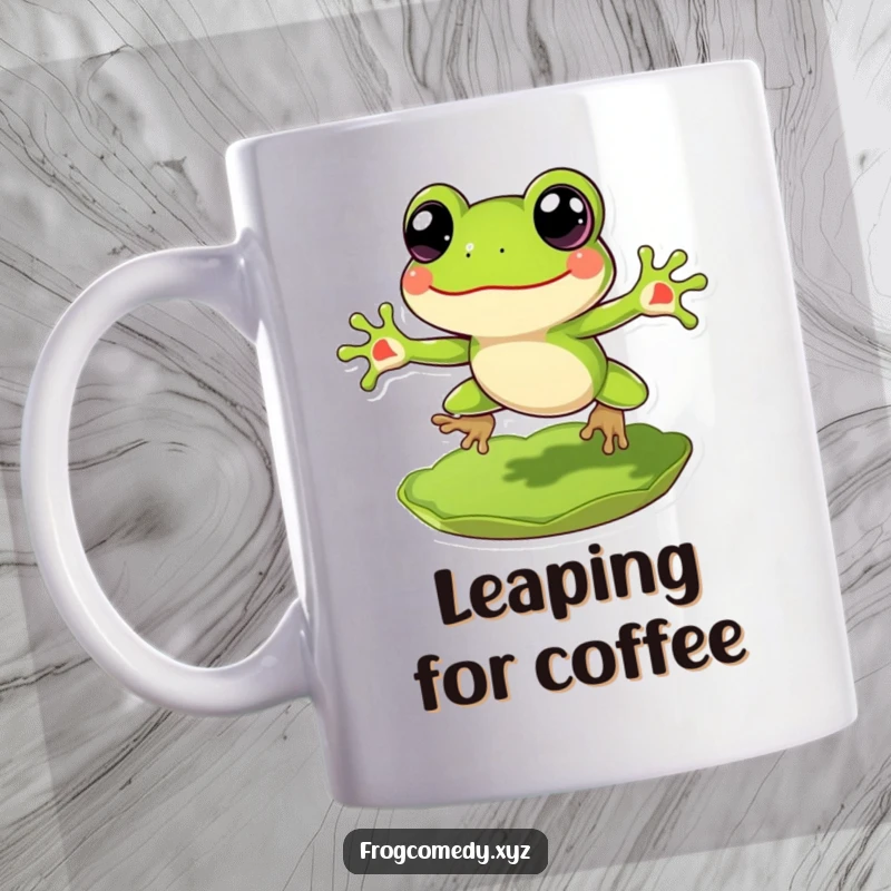Funny Frog Mug: A cheerful frog with big eyes, captured in an exuberant leap from a green lily pad.