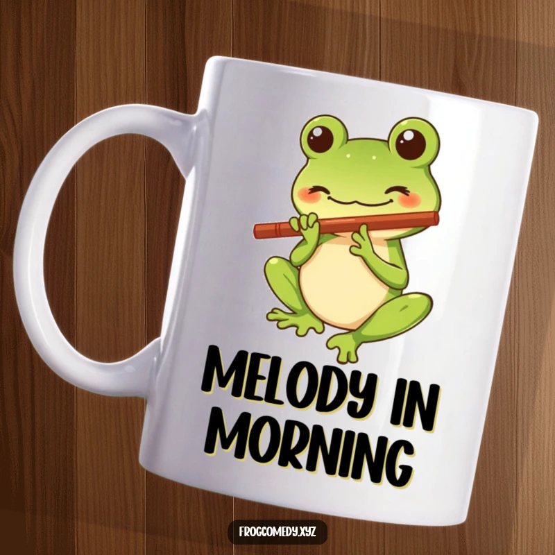 Funny Kawaii frog mug showing a stylized character with a big smile playing a tiny flute, creating a cheerful and musical atmosphere.