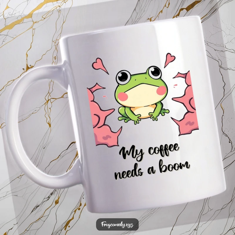 Funny Kawaii Frog Mug, a frog with wide eyes reacting to an approaching boom, humorous surprise.