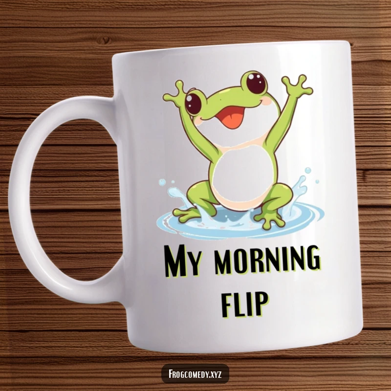 Adorable kawaii frog mid-somersault with a small splash, depicted on a cheerful ceramic mug.