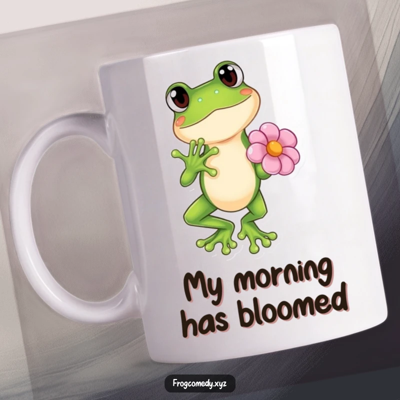 Funny Kawaii frog striking a dramatic pose with a delicate flower, cartoon style, perfect for gifts.