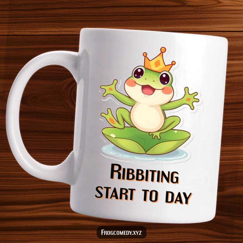 Funny kawaii frog mug, wearing a tiny crown, leaping joyfully from a lily pad, embodying happiness and fun.