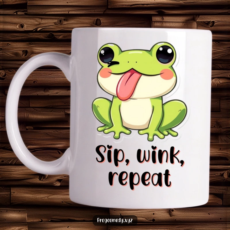 Funny Kawaii frog sticking its tongue out and winking playfully, exuding a mischievous and charming personality on a fun mug.