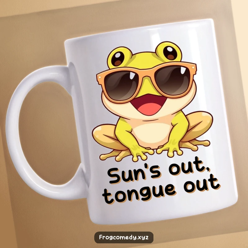 Funny mug featuring a giggling frog wearing oversized sunglasses, soaking up the sun in a cool and humorous way.