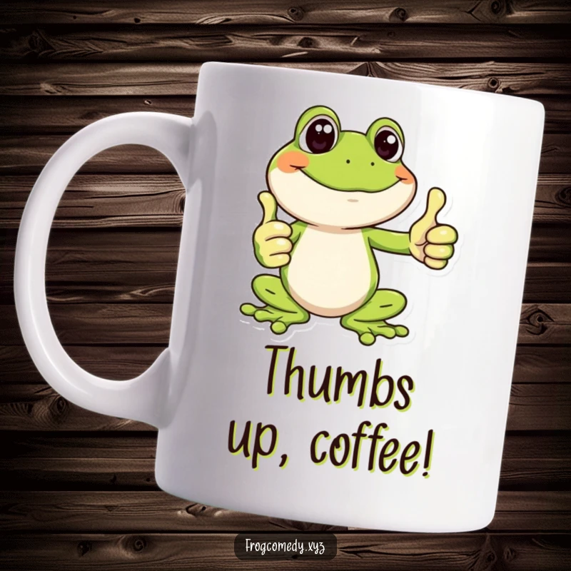 Funny mug featuring a happy frog giving a big, enthusiastic thumbs up, radiating joy and positive funny vibes.