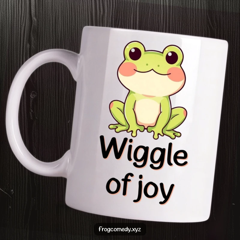 Funny mug showing a frog with rosy cheeks doing a happy wiggle, full of pure joy.