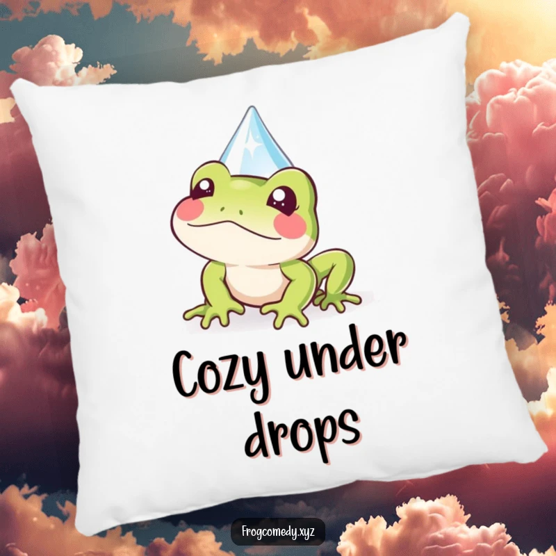Funny Kawaii frog pillow featuring a cute frog peeking from behind a sparkly raindrop, a whimsical decorative accent.