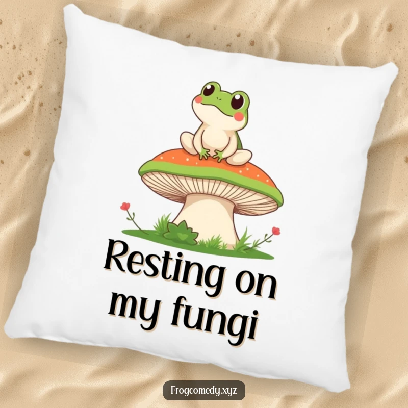 Funny pillow showcasing a delightful kawaii frog in a relaxed pose on a large mushroom, taking in a peaceful, funny panoramic view.