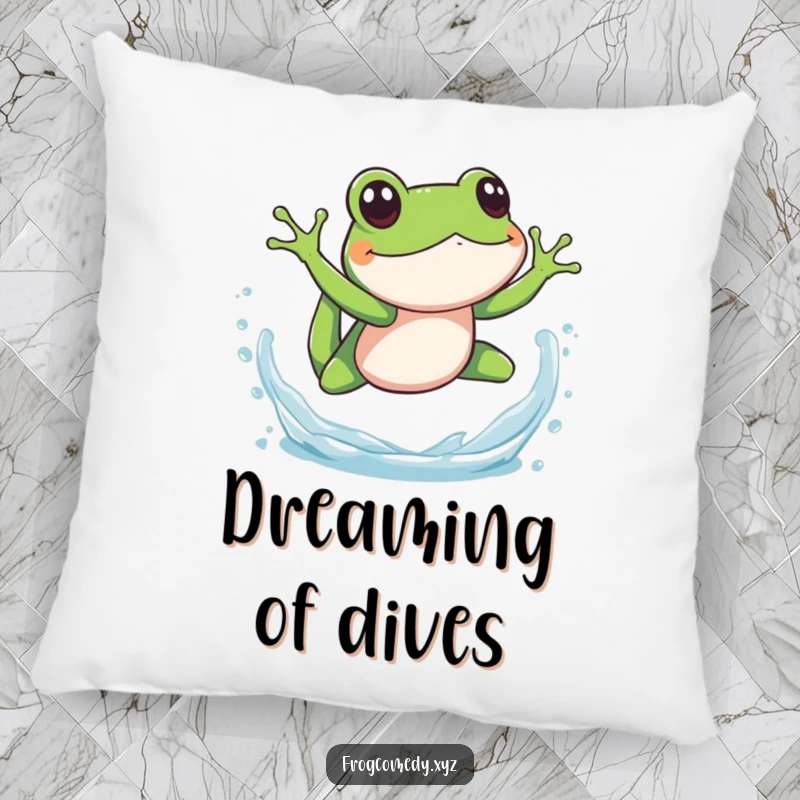 Funny splashy frog dive pillow, featuring an amphibian mid-dive with water splashes, offering comfort and a playful aquatic theme.