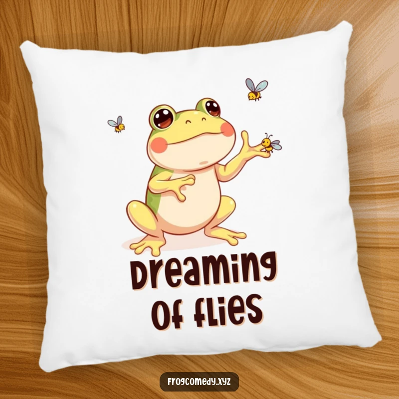 Funny kawaii frog pillow showing a cute frog enthusiastically juggling three tiny flies, bringing a touch of whimsical fun to comfort.