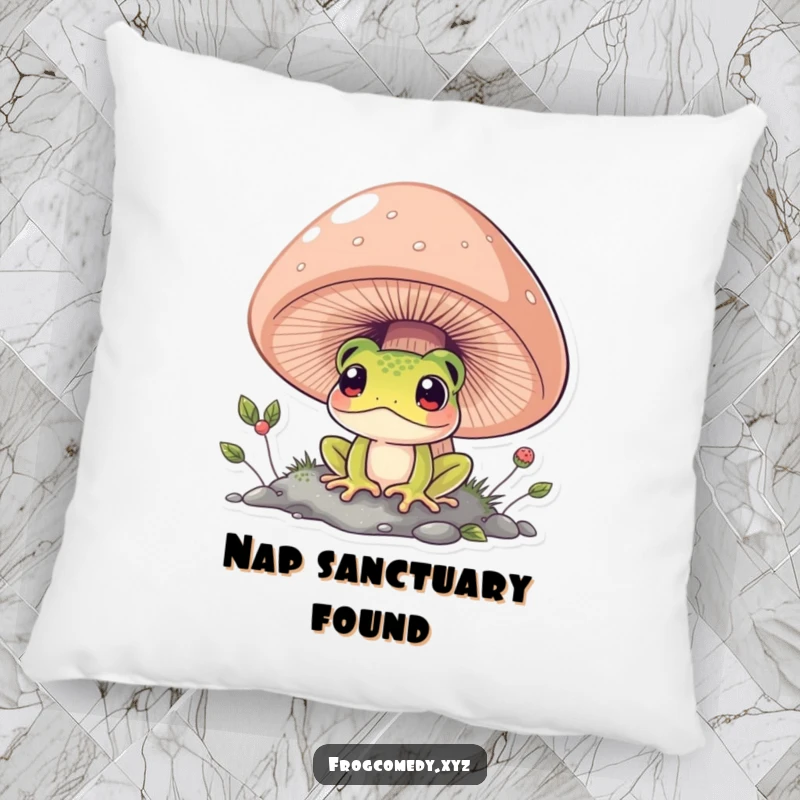 Funny frog peeking from under a big mushroom, cute decorative pillow, soft cushion, perfect humorous gift for relaxation.