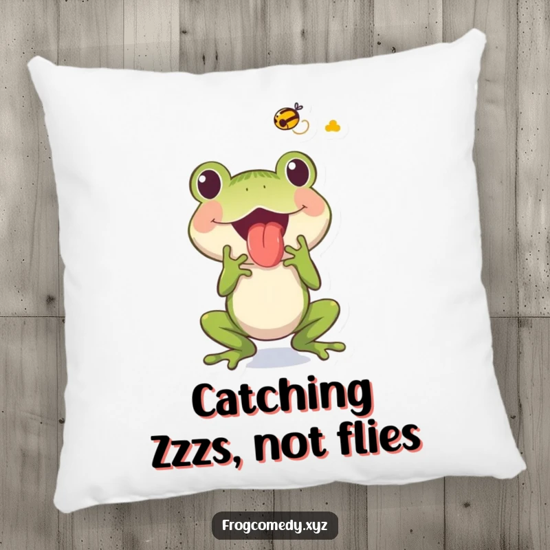 Soft pillow featuring a funny frog character with its tongue out, capturing a fly in a humorous pose.