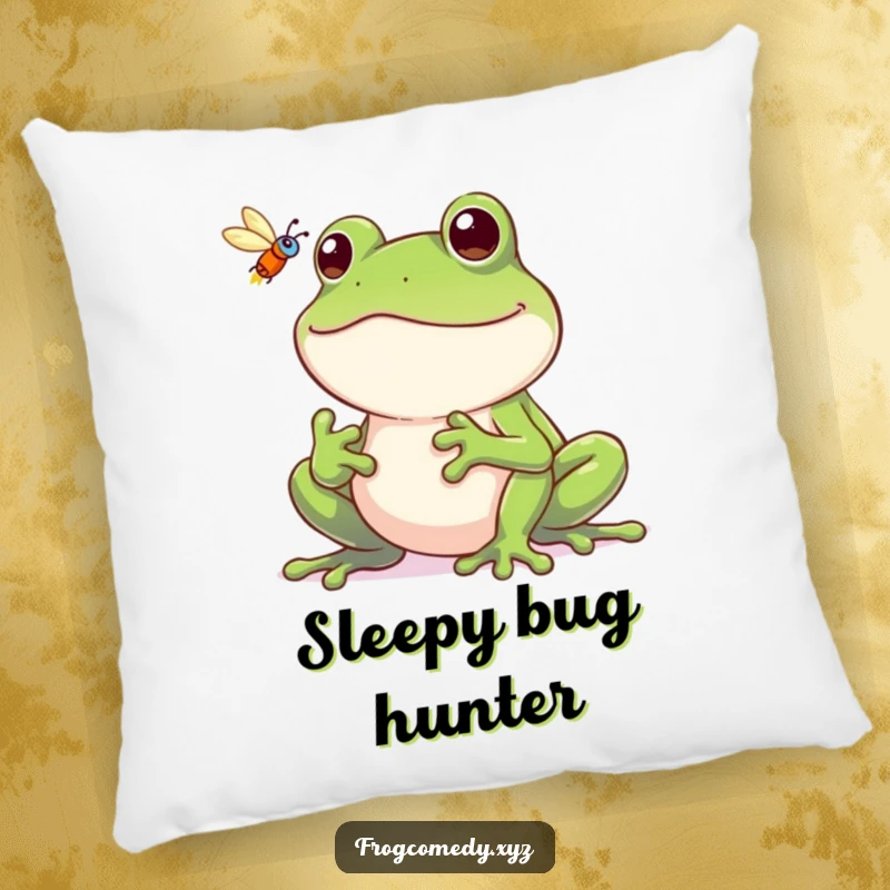 Funny frog pillow, a grinning frog catching a fly, soft and whimsical decorative cushion.