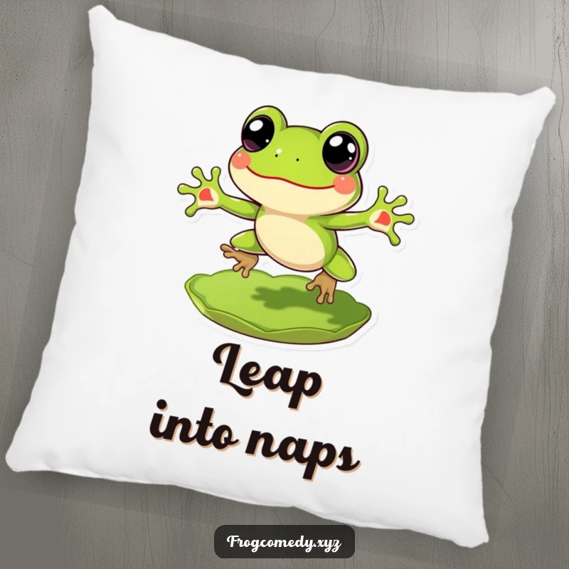 Funny Frog Pillow: A soft pillow featuring a cheerful frog with big eyes mid-leap from a lily pad.