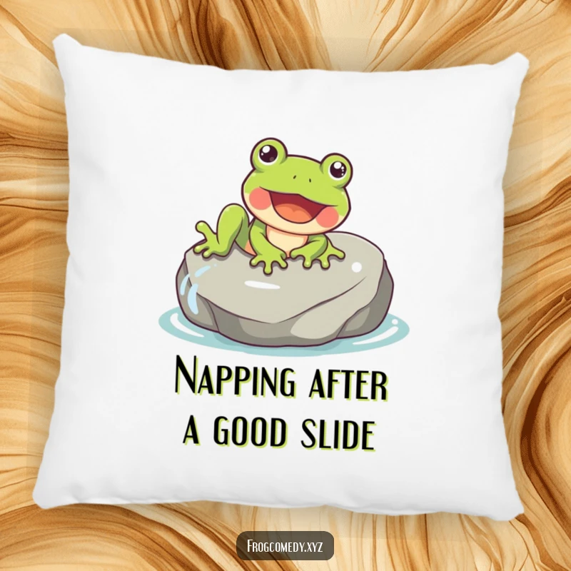 Funny throw pillow featuring a happy frog with a gleeful expression sliding down a wet rock.