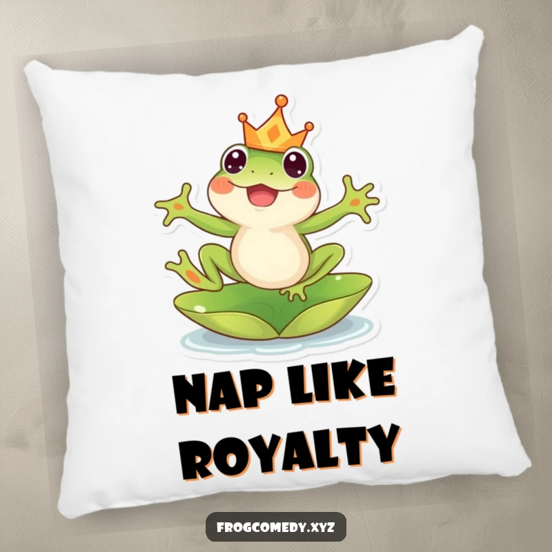 Funny kawaii frog pillow, depicting a crowned frog leaping joyfully from a lily pad, offering comfort and cheerful vibes.