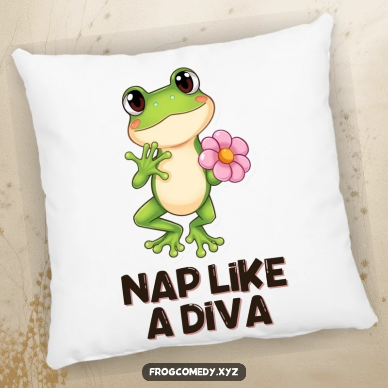 Funny Kawaii frog holding a flower in a dramatic pose, soft plush pillow, cute anime decor, gift.