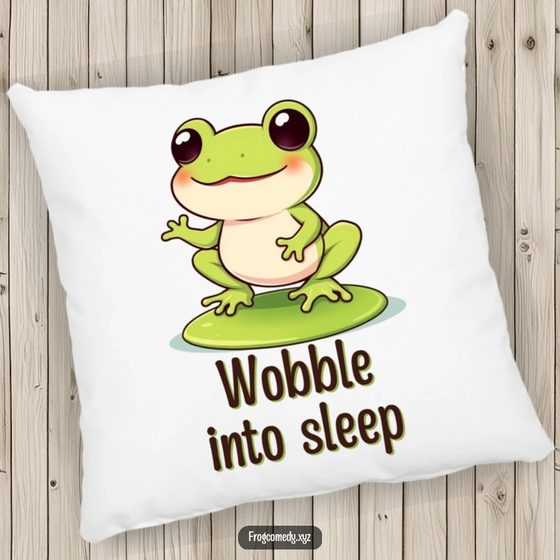 Funny Kawaii frog wobbling with laughter on a lily pad, designed for a soft pillow, offering comfort and hilarious, playful humor.