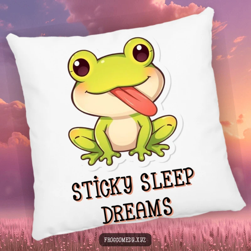 Funny pillow with a kawaii frog character sticking out its long, sticky tongue playfully, offering soft, cute, and humorous comfort.