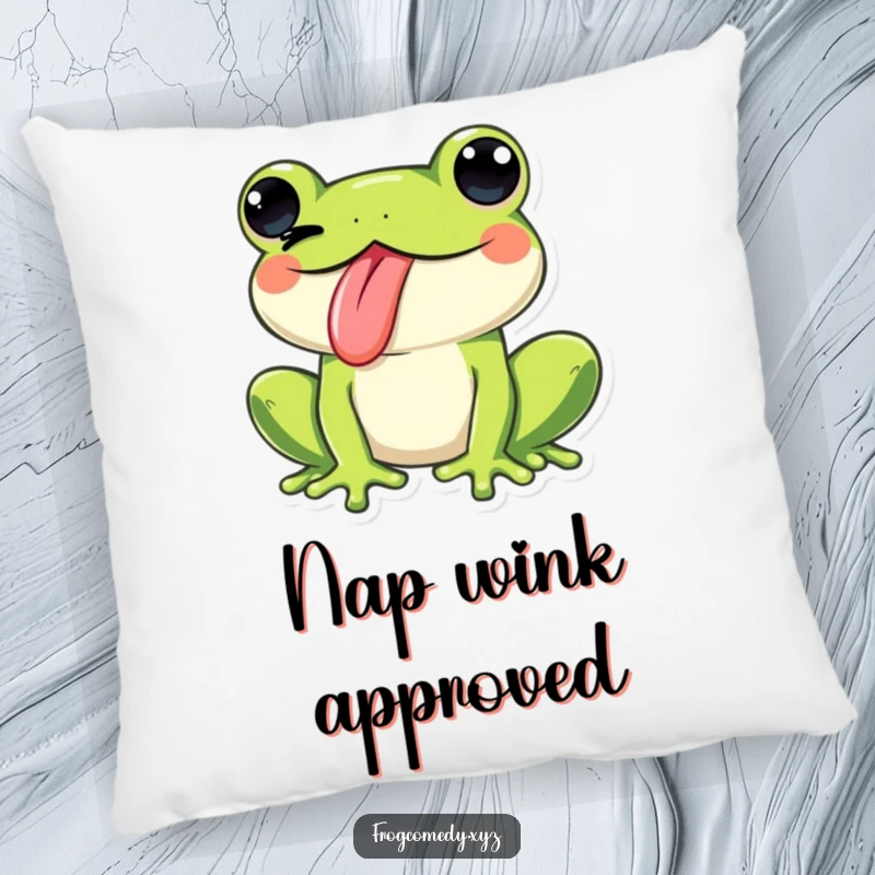 Funny Kawaii frog sticking its tongue out and winking playfully, designed for a soft pillow, offering comfort and cheeky humor.