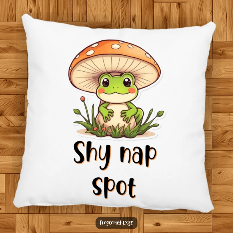 Funny Kawaii frog pillow with a cute frog peeking from behind a mushroom, a soft and humorous decorative item.