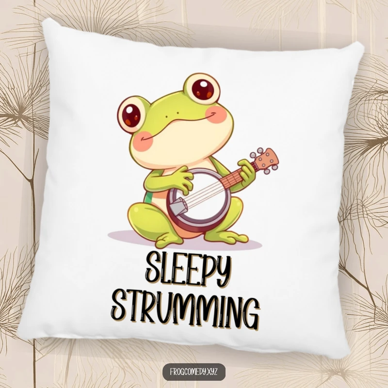 Funny kawaii frog banjo pillow featuring a cute amphibian playing a small banjo, offering comfort with a musical and humorous twist.