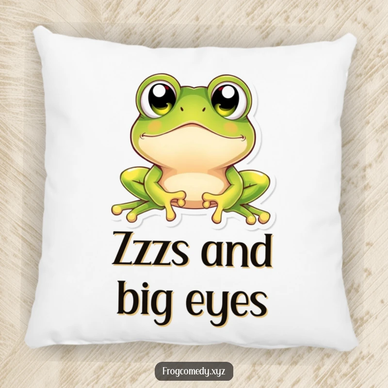 Funny kawaii frog pillow with a design of a frog whose oversized, glittering eyes are looking upwards in a state of innocent amazement.