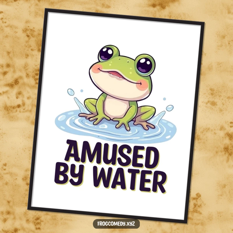Funny digital art print of a cheerful frog splashing in a puddle, eyes wide with pure amusement.