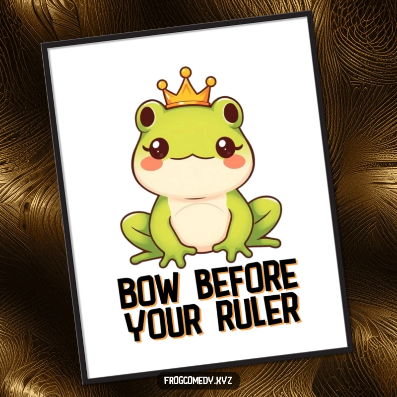 Funny Kawaii frog king wearing a tiny crown, exuding majestic charm and humor, perfect for digital wall art.