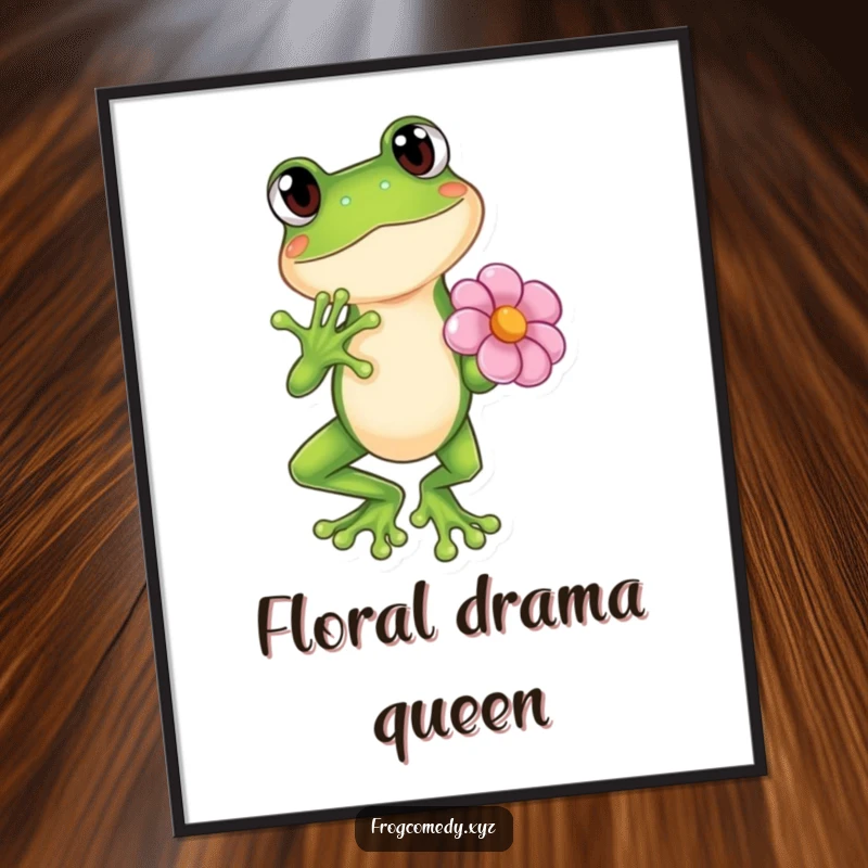 Funny Kawaii frog striking a dramatic pose with a flower, cute anime digital art print, instant download, decor.