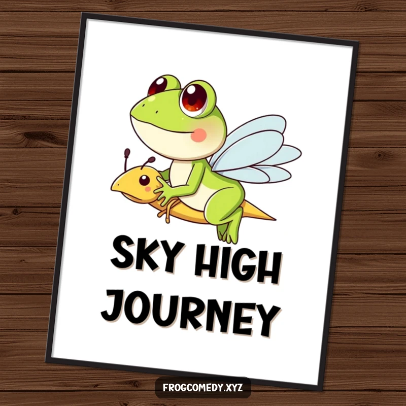 Funny digital art print of a frog character riding a friendly dragonfly, embodying whimsical adventure and charm.