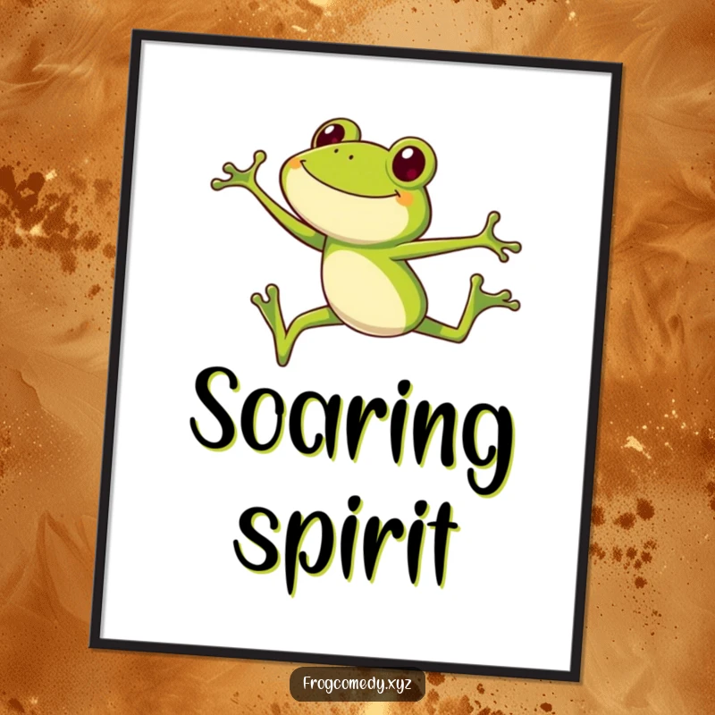 Funny frog digital art print, a smiling long-legged frog in mid-high jump, vibrant and energetic funny gift.