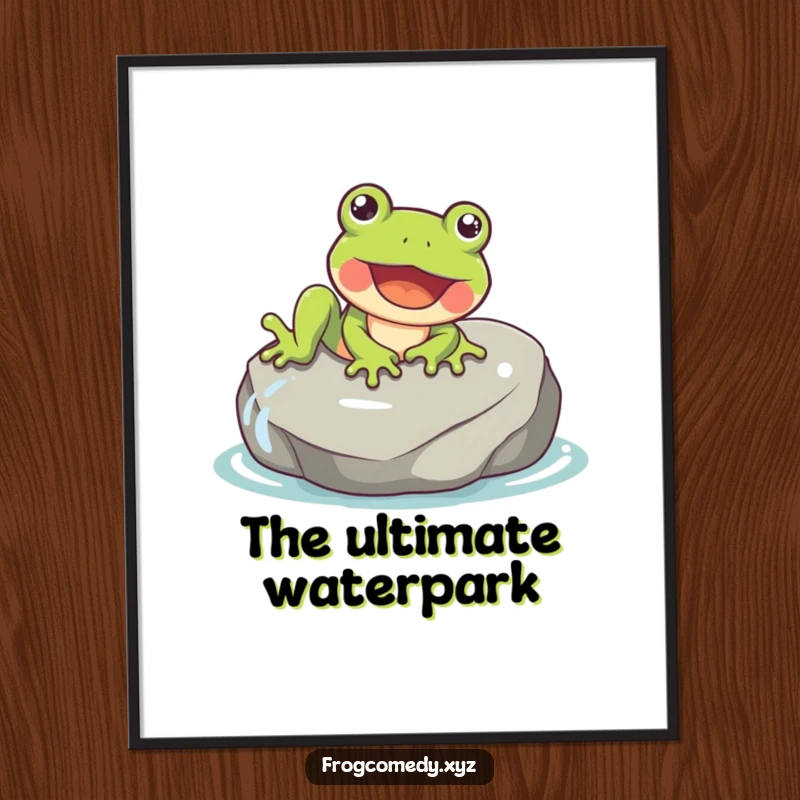 Funny digital art print of a happy frog gleefully sliding down a wet, smooth rock.