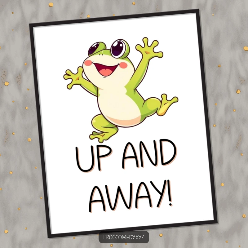 Funny digital art print of a Kawaii stylized frog character joyfully leaping high into the air, offering instant cheerful decor and a burst of playful energy.