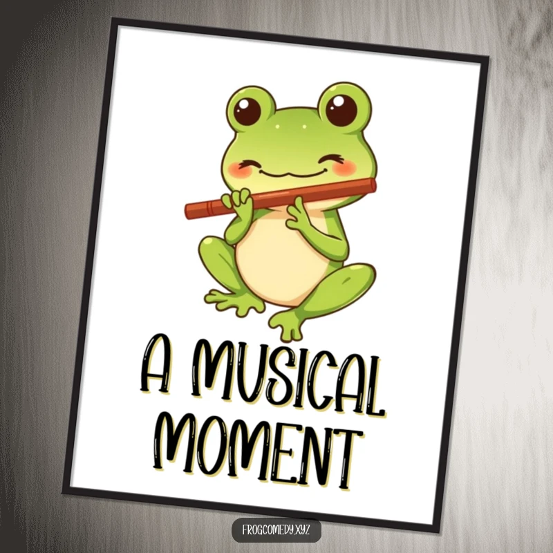 Funny digital art print of a Kawaii stylized frog character with a big smile playing a tiny flute, offering instant musical decor and a dose of cheerful charm.