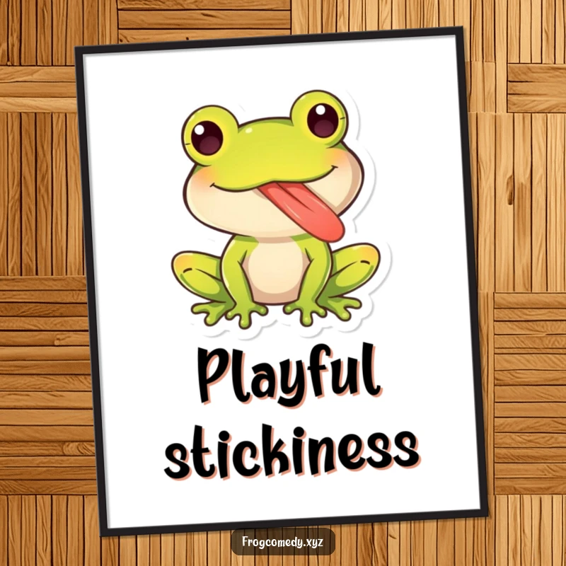 Funny digital art print featuring a kawaii frog character sticking out its long, sticky tongue playfully, offering instant cute humor.