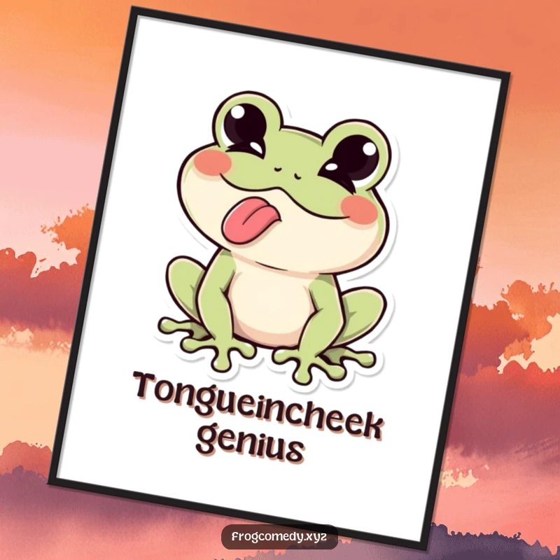 Funny Kawaii frog winking playfully, tongue sticking out, presented as a downloadable digital art print for instant mischief.