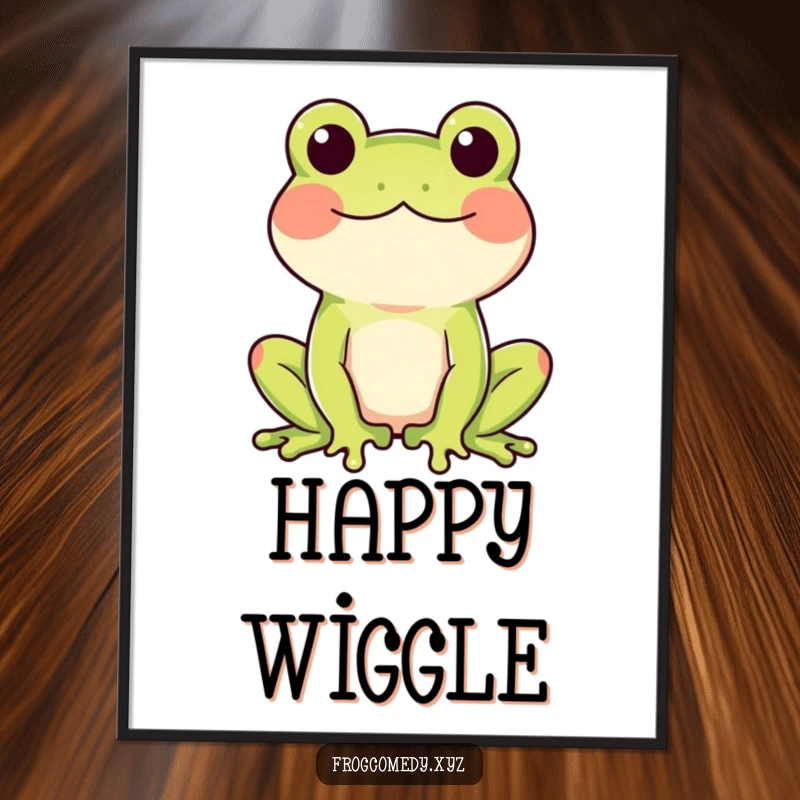 Funny digital art of a frog with rosy cheeks doing a happy wiggle, ready for printing.