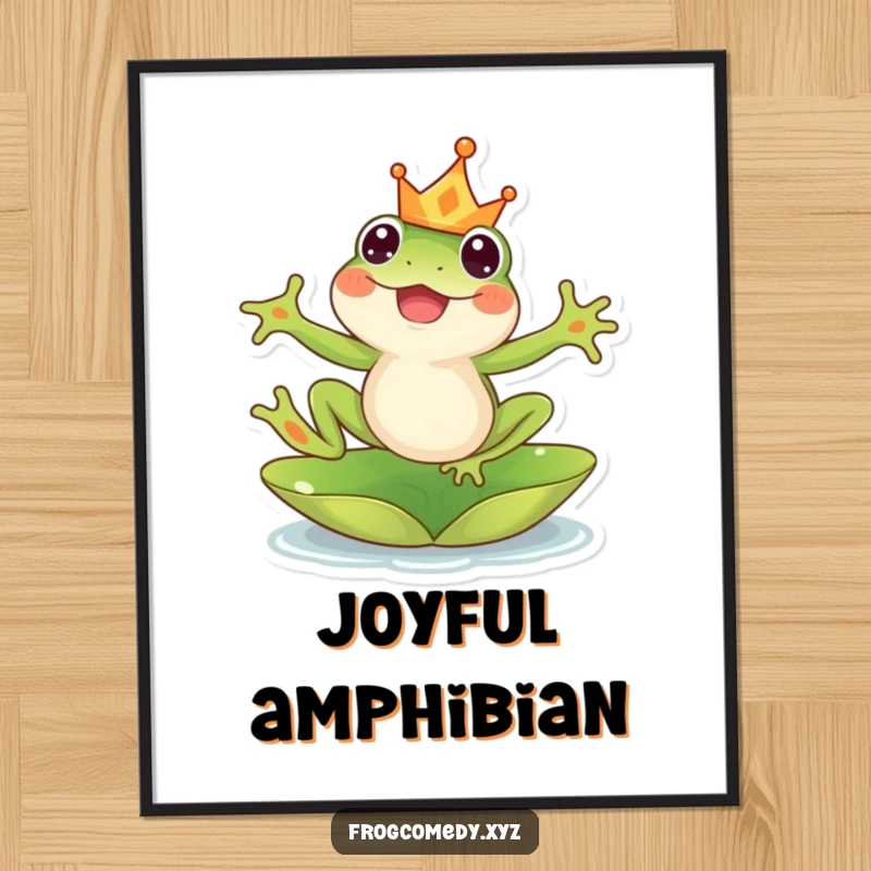 Funny kawaii frog digital art print, showing a crowned frog leaping joyfully from a lily pad, offering instant whimsical decor.