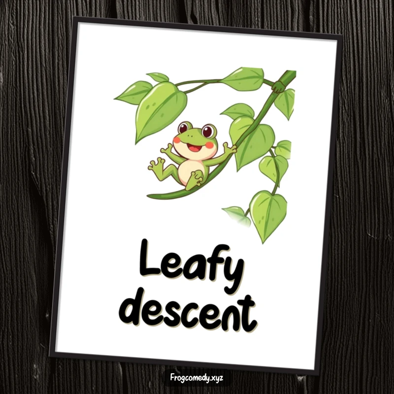 Funny digital art of a frog sliding down a long, leafy vine, ready for printing.