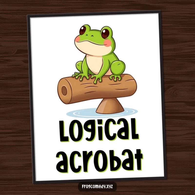 Funny digital art print of a green frog balancing on a spinning log, perfect for instant whimsical decor.