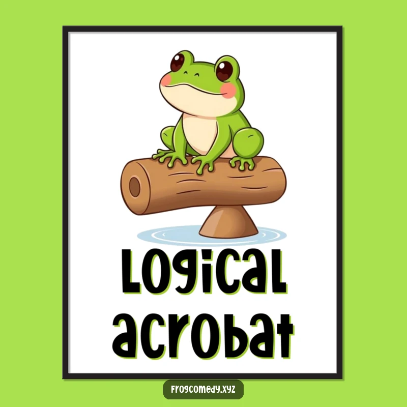 Funny Frog Balancing Log Digital Art: Comical Nature Scene, Instant Funny Gift
