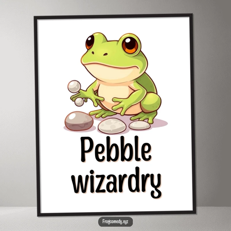 Funny digital art print of a determined kawaii frog juggling three shiny pebbles, representing focus and humorous perseverance.