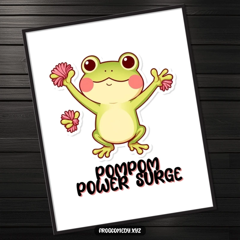 Funny Kawaii frog digital art print of a frog cheering with pom-poms, perfect for instant energetic and humorous decor.