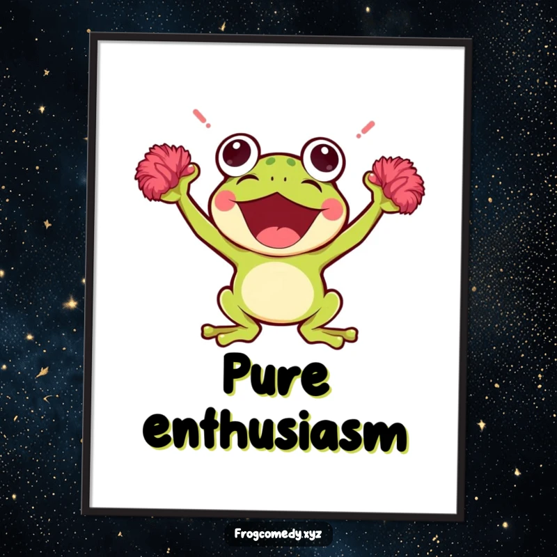 Funny Kawaii Frog Digital Art Print: High-resolution artwork of a cheering Kawaii frog with tiny pom-poms, perfect for digital display or printing.