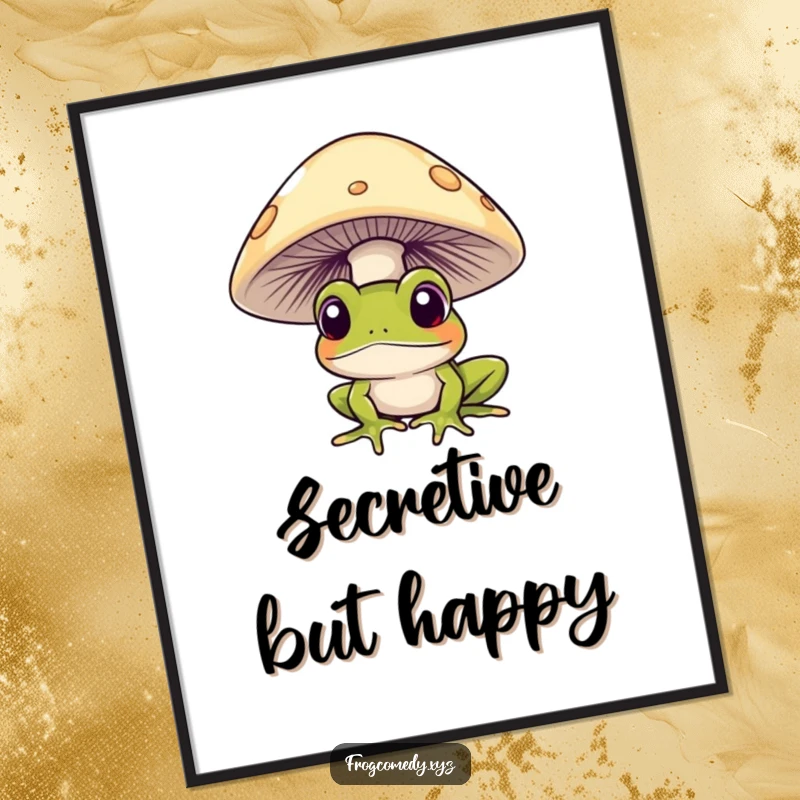Funny frog curiously peeking from under a mushroom, as a downloadable digital art print, for whimsical decor.